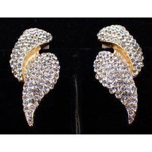 Vintage Jarin Earrings Swirl Wave Rhinestone Gold Tone Clip 2"